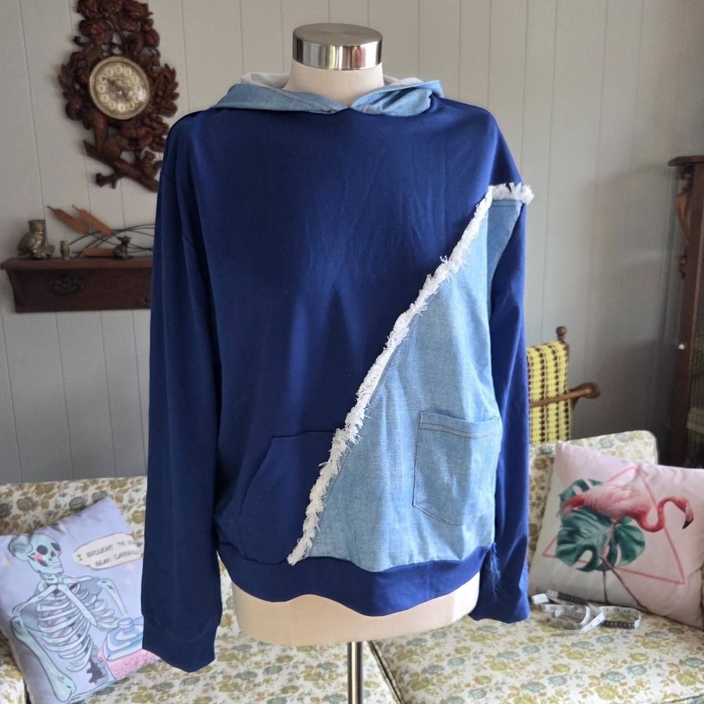 🪨 Blue Hoodie with Fringe Detail